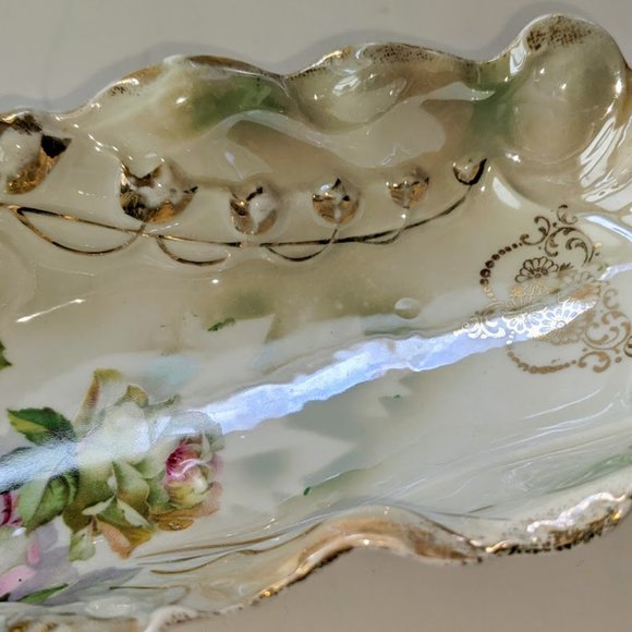Gold Trimmed Porcelain Oval Dish Scalloped Edge 12" Made in Germany 1945 Roses - Picture 4 of 7